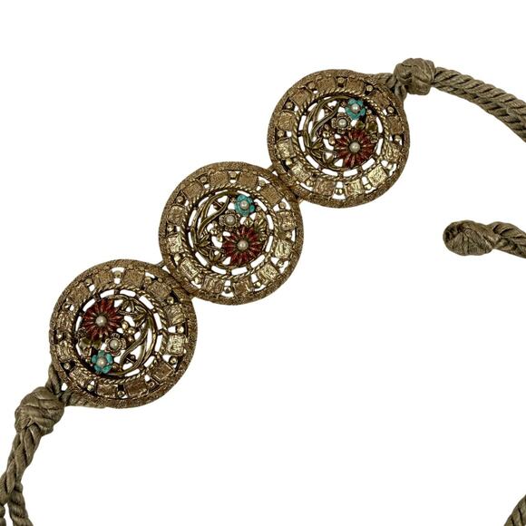 Vintage Boho Medallion Rope Belt Gold Tone Adjustable Tie Festival Summer main image 5